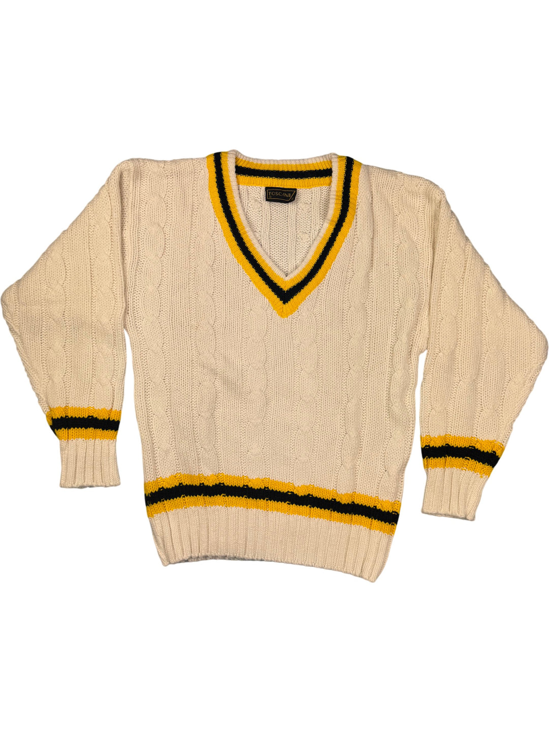 Toscani White Cable Knit V-Neck Sweater - S - Think Vintage