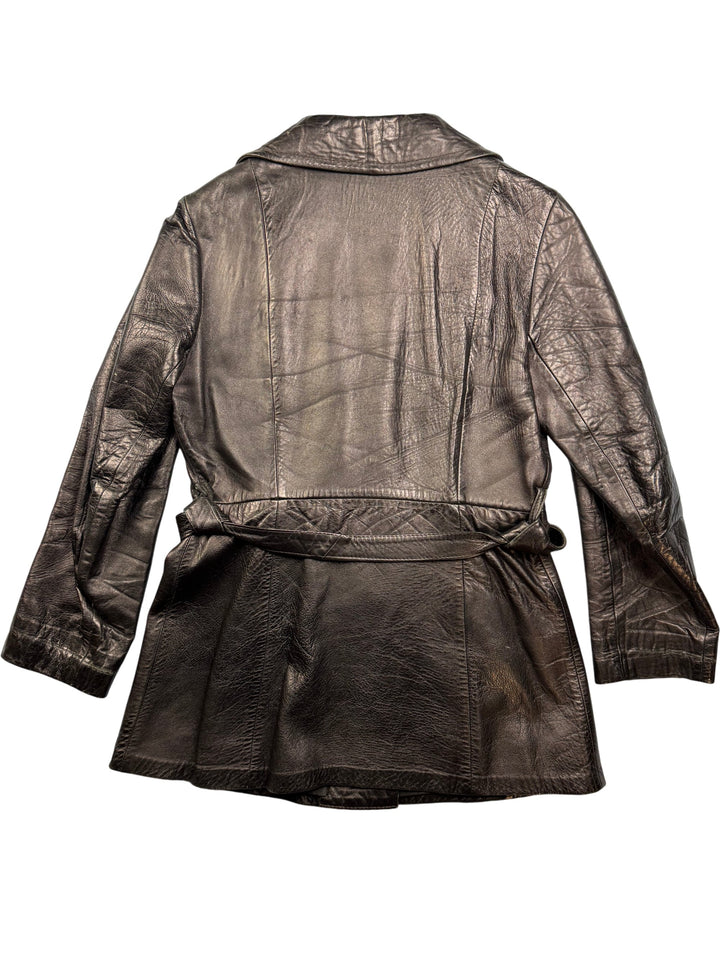 County Black Leather Trench Coat - M - Think Vintage