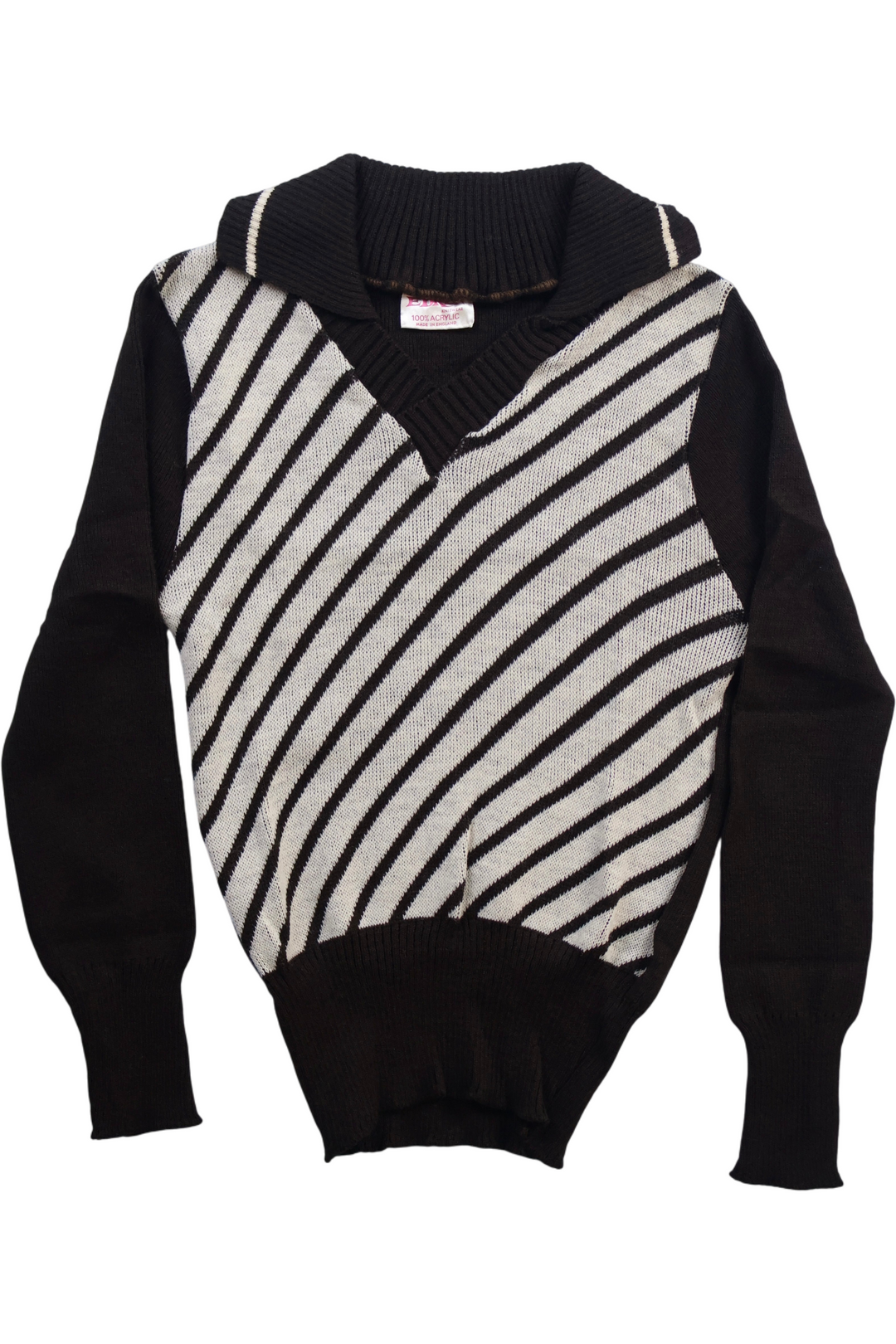 70's Stripy V-Neck Jumper - M - Think Vintage