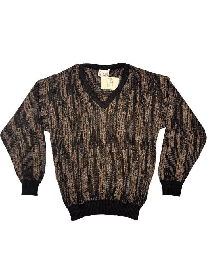 Bentley Casuals Black Patterned V-Neck Sweater - L - Think Vintage