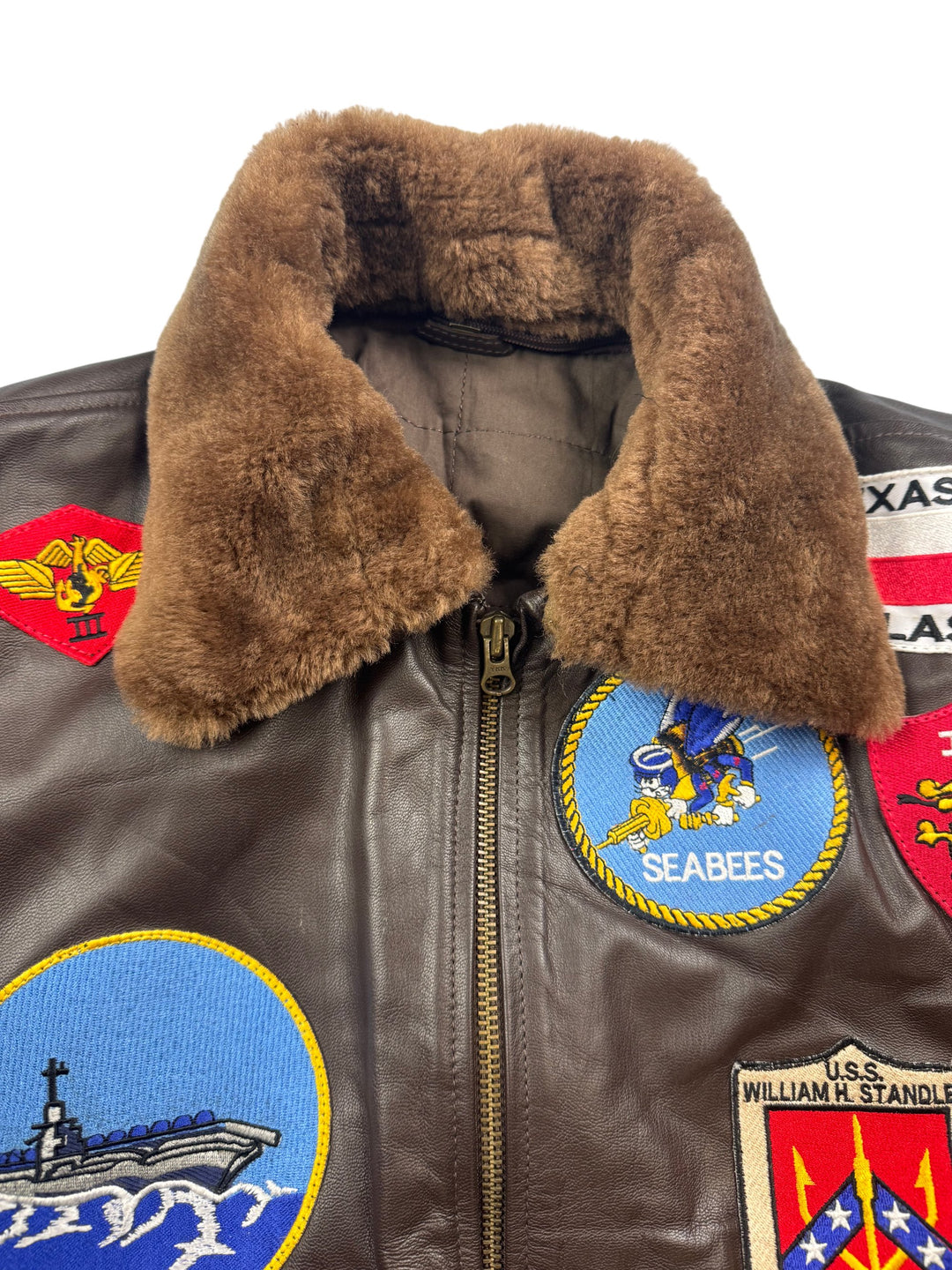 Leather Bomber Jacket with Fur Collar and Patches - L - Think Vintage