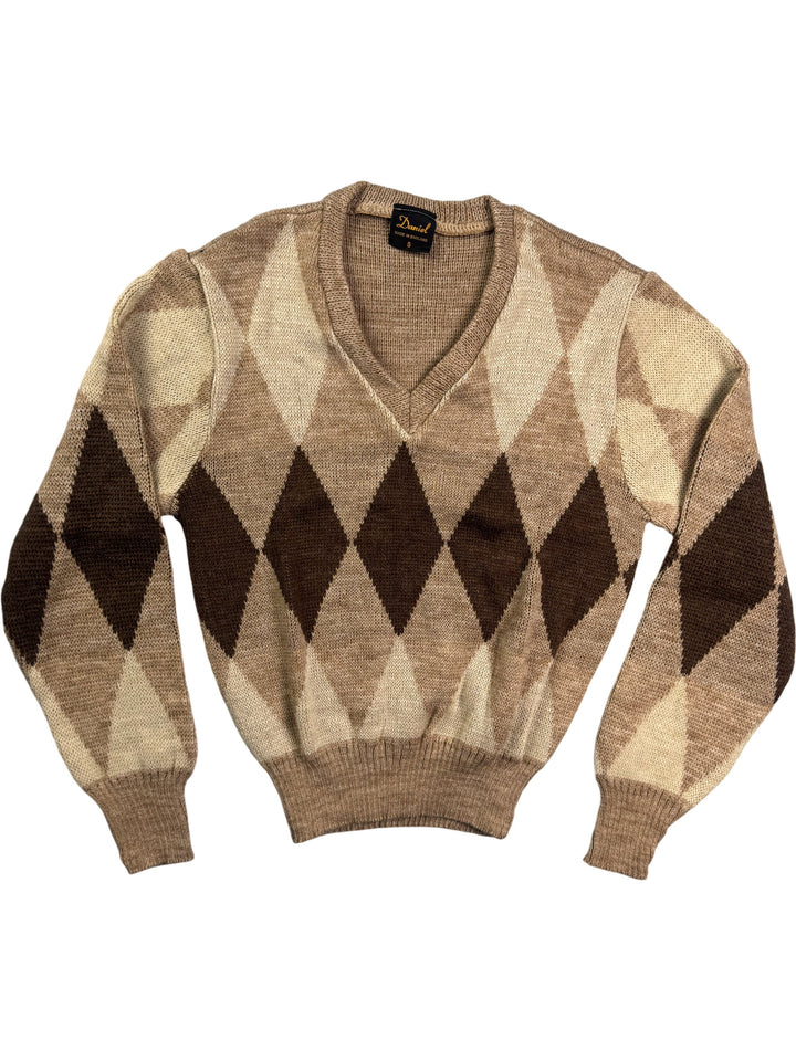 Argyle Patterned V-Neck Sweater - S - Think Vintage