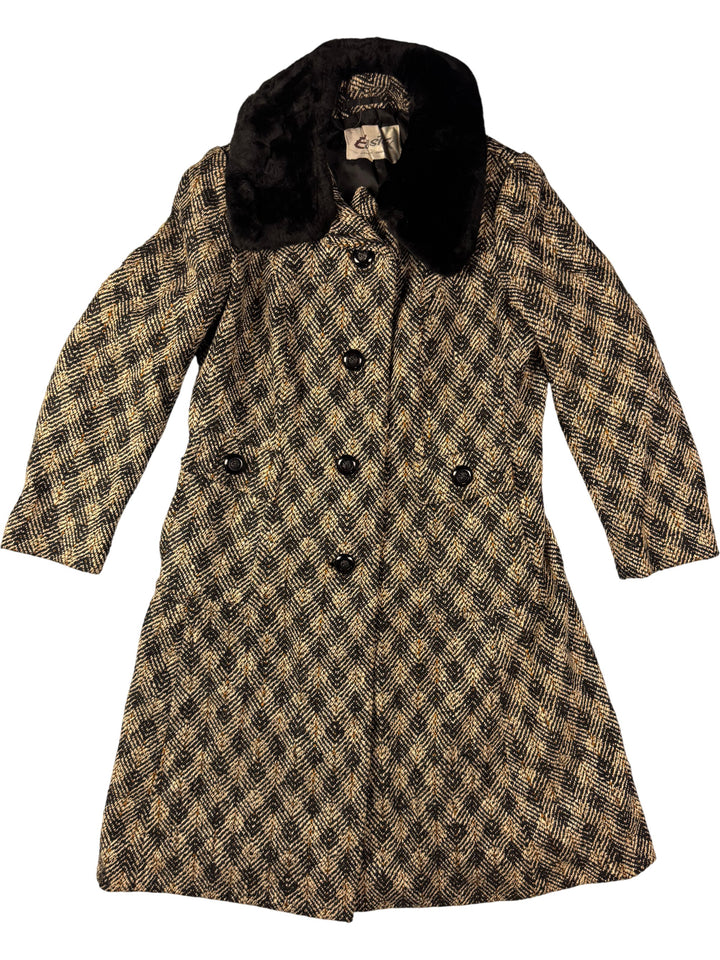 1960s Herringbone Wool Coat With Faux Fur Collar - Think Vintage