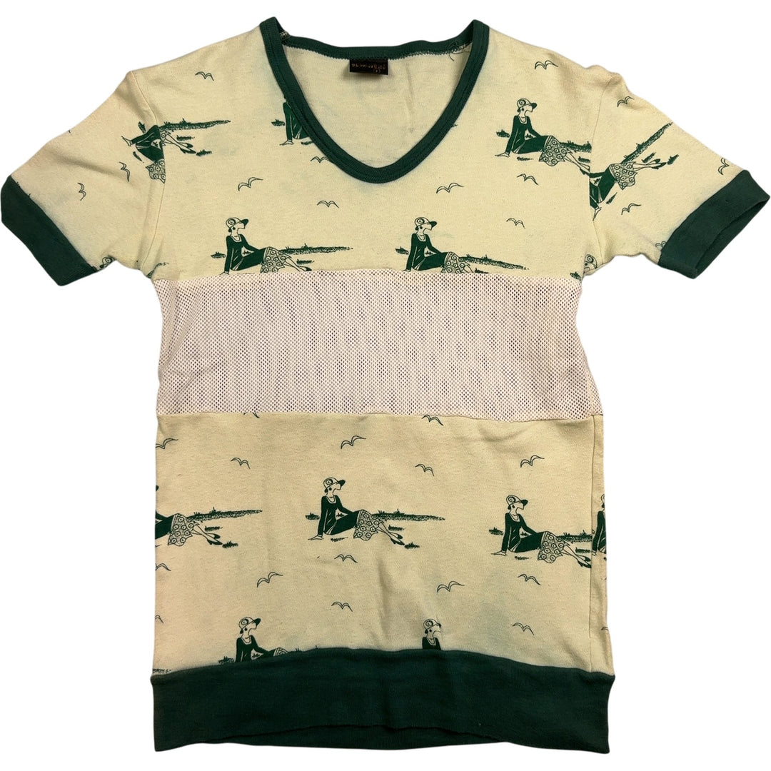 1970s Mesh Cut-out Graphic Short Sleeve T-Shirt - XS - Think Vintage