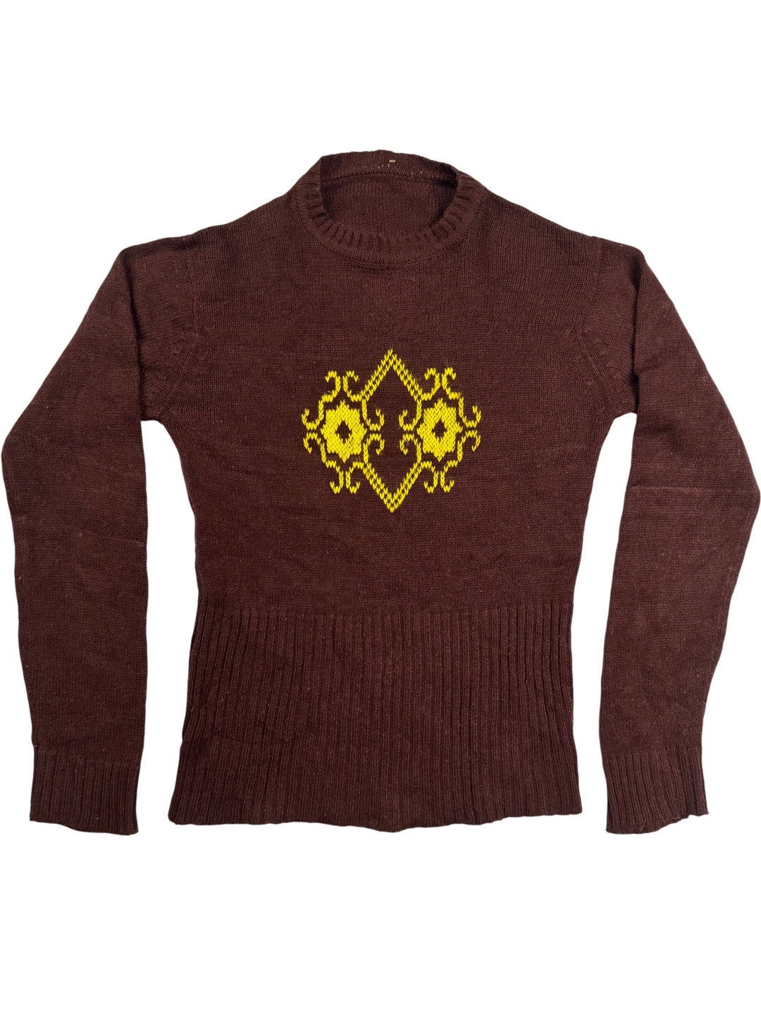 1970s Brown Knit Sweater with Yellow Pattern - XS - Think Vintage