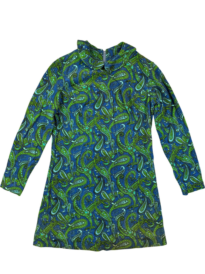1960s Green Paisley Long Sleeve Dress - S - Think Vintage