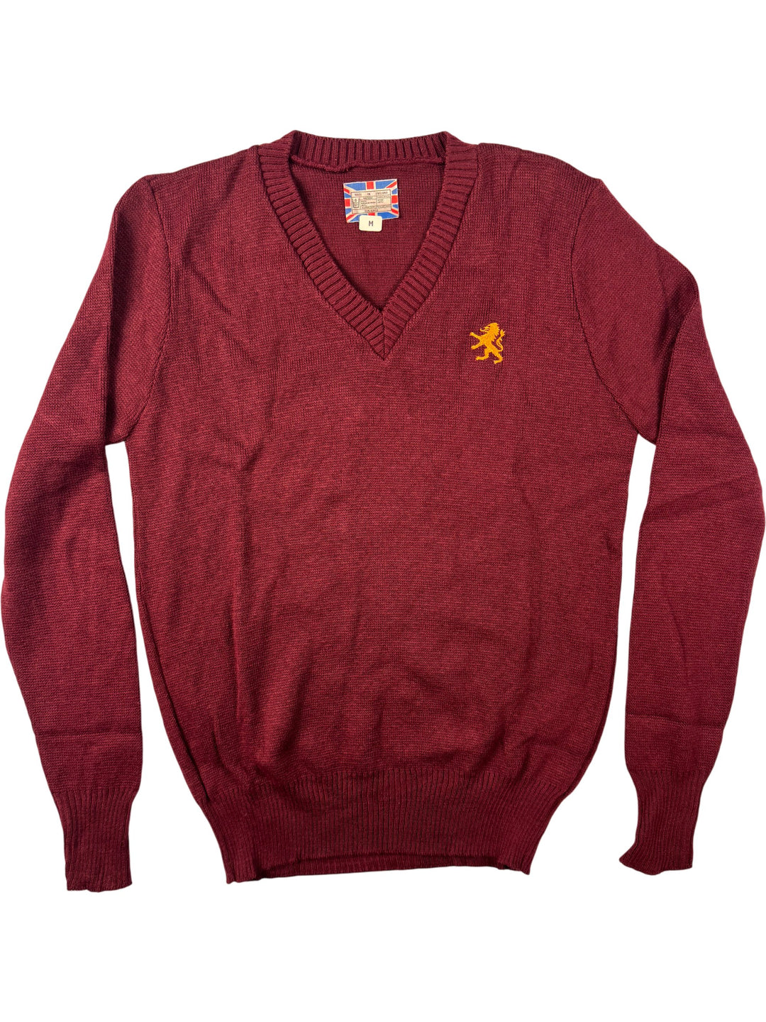 Lion Emblem V-Neck Burgundy Sweater - M - Think Vintage