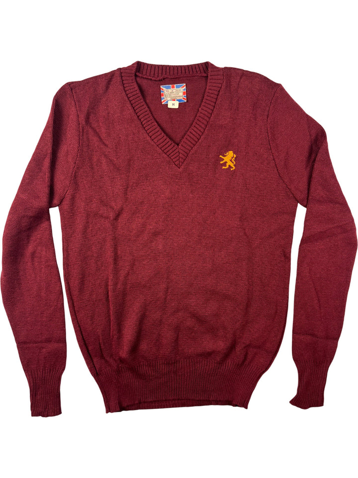 Lion Emblem V-Neck Burgundy Sweater - M - Think Vintage