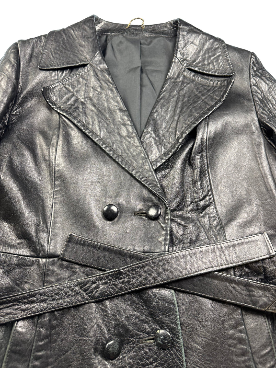 County Black Leather Trench Coat - M - Think Vintage