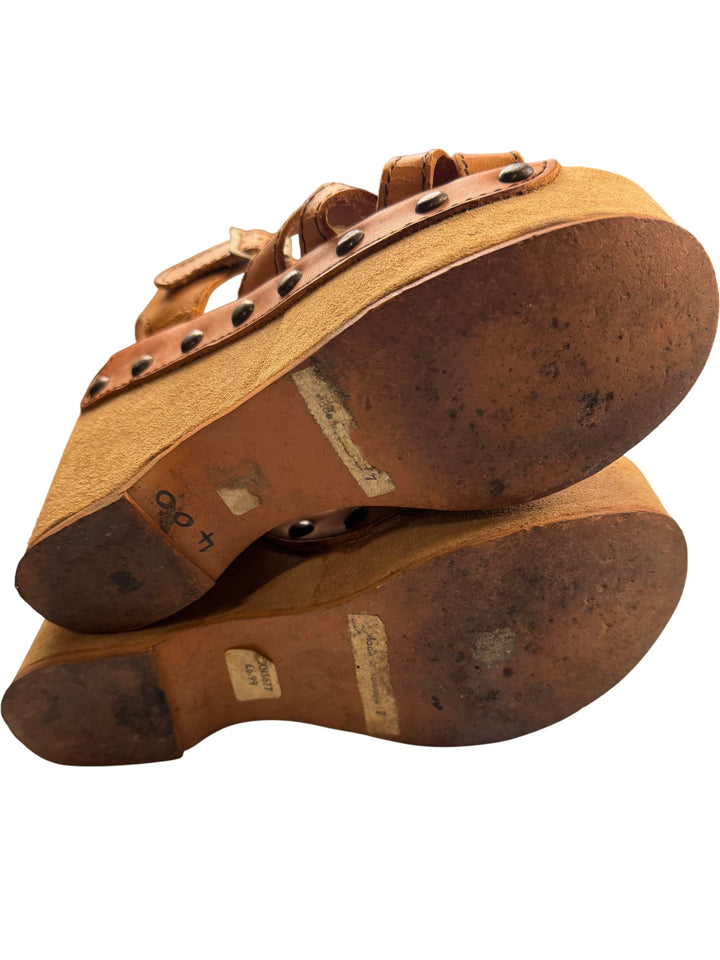 Leather Platform Sandals With Ankle Strap - UK 7 - Think Vintage