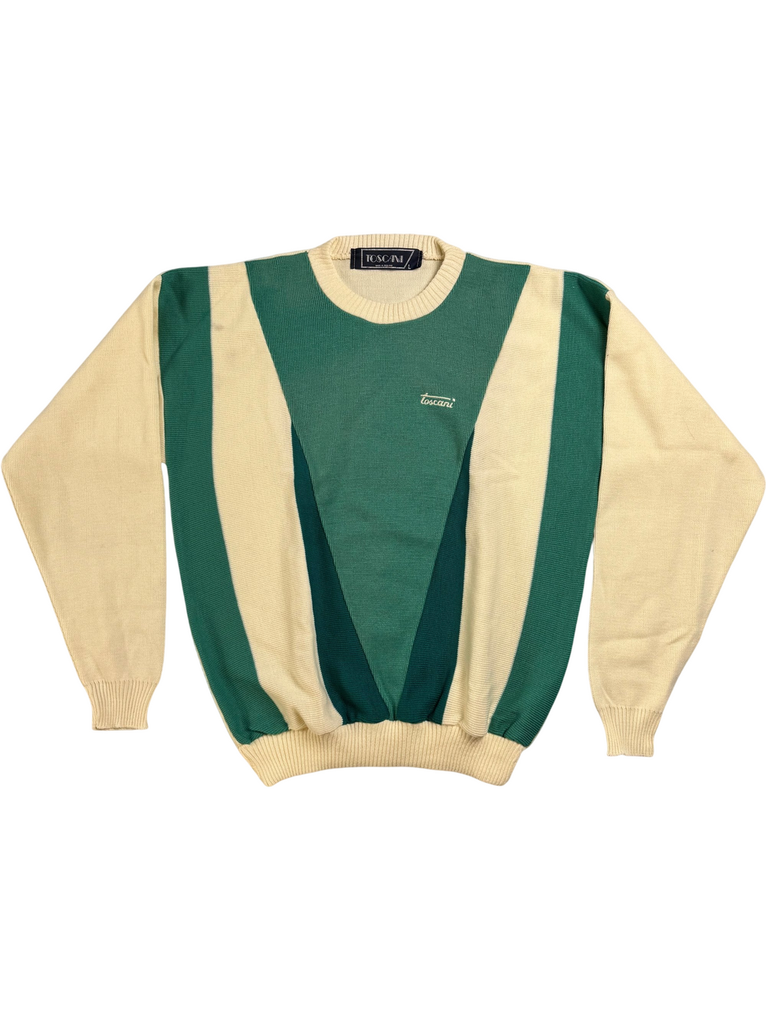 Toscani Green Beige Chevron Sweater XL - Think Vintage