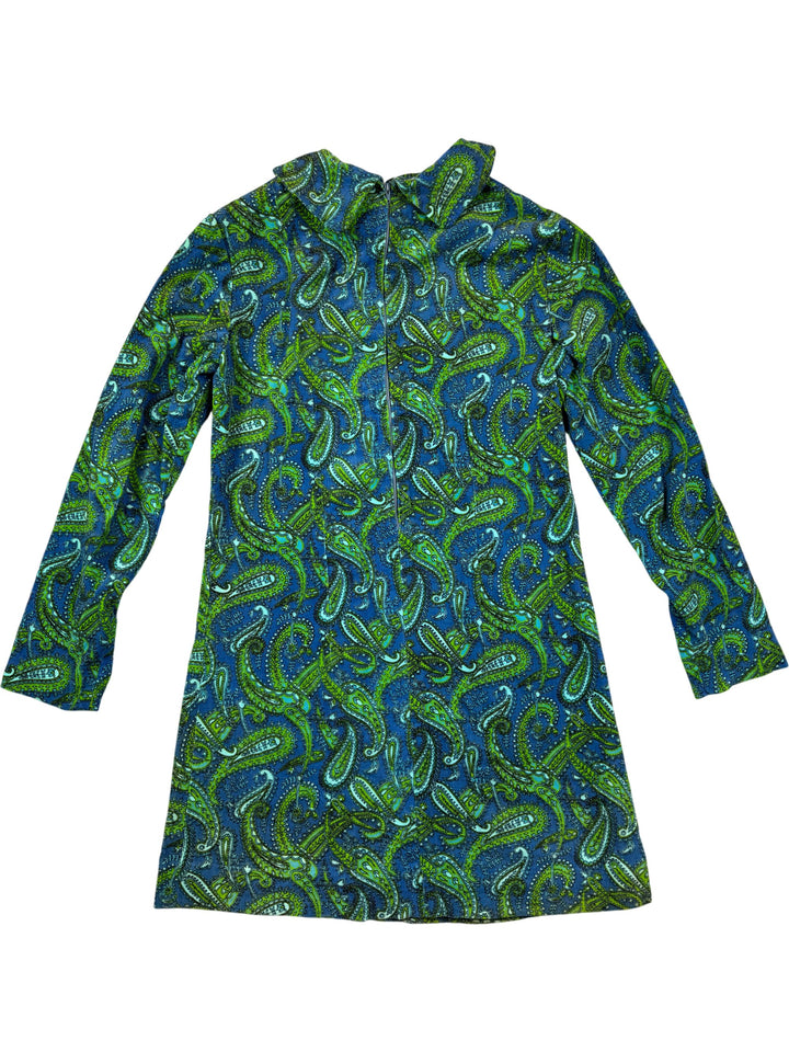 1960s Green Paisley Long Sleeve Dress - S - Think Vintage