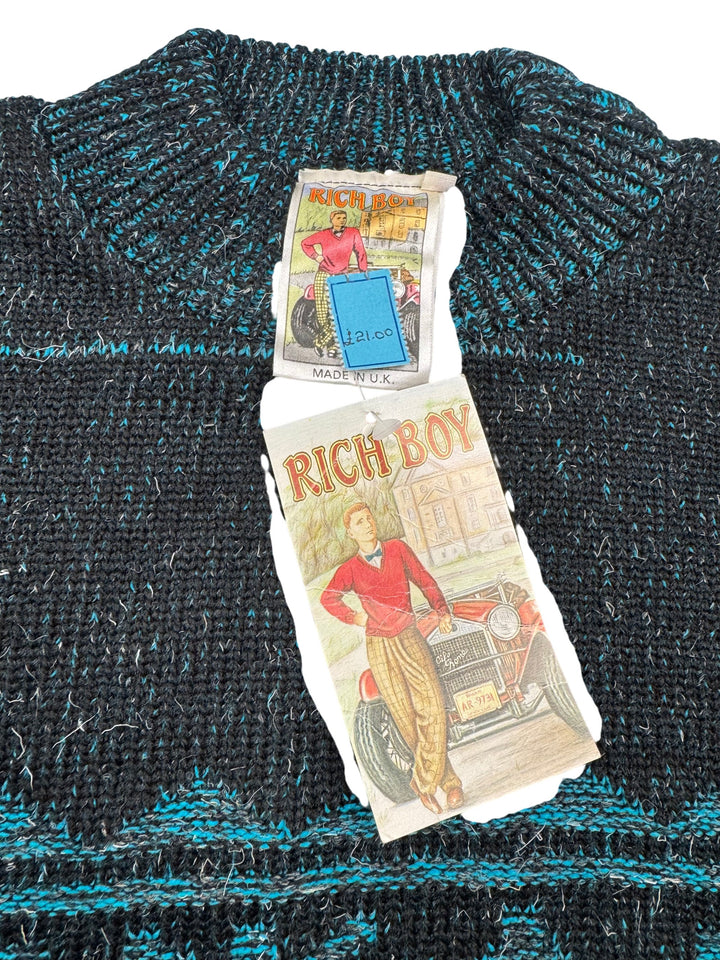 Rich Boy Teal Patterned Knit Sweater - M - Think Vintage