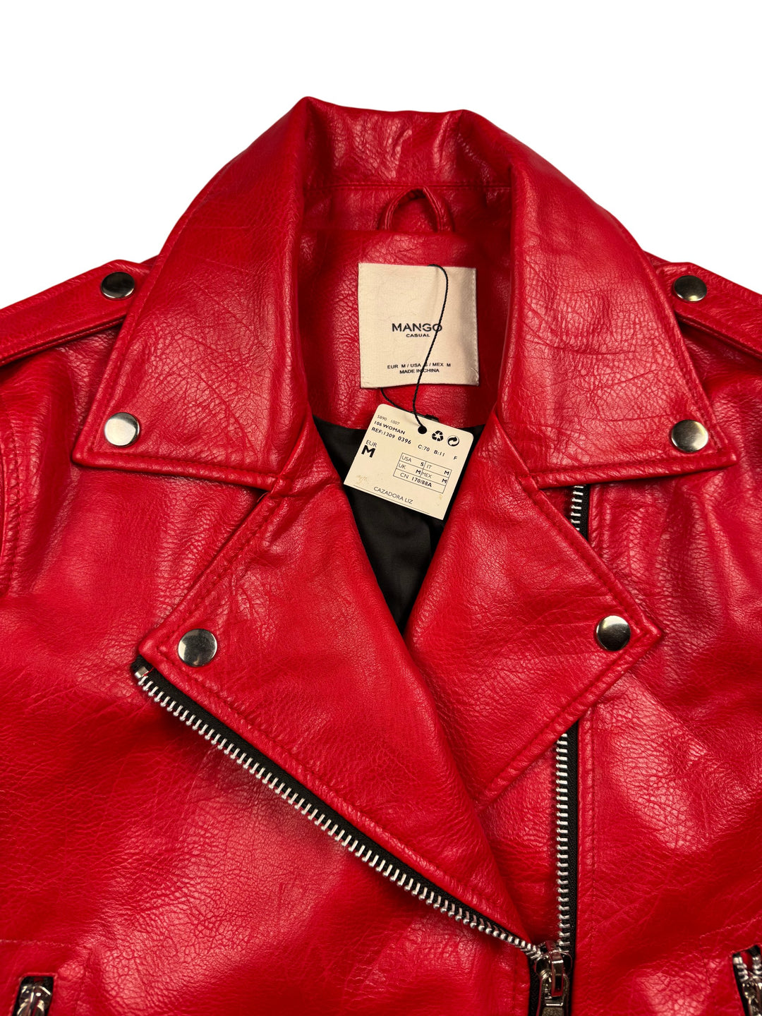Mango Red Faux Leather Biker Jacket - M - Think Vintage