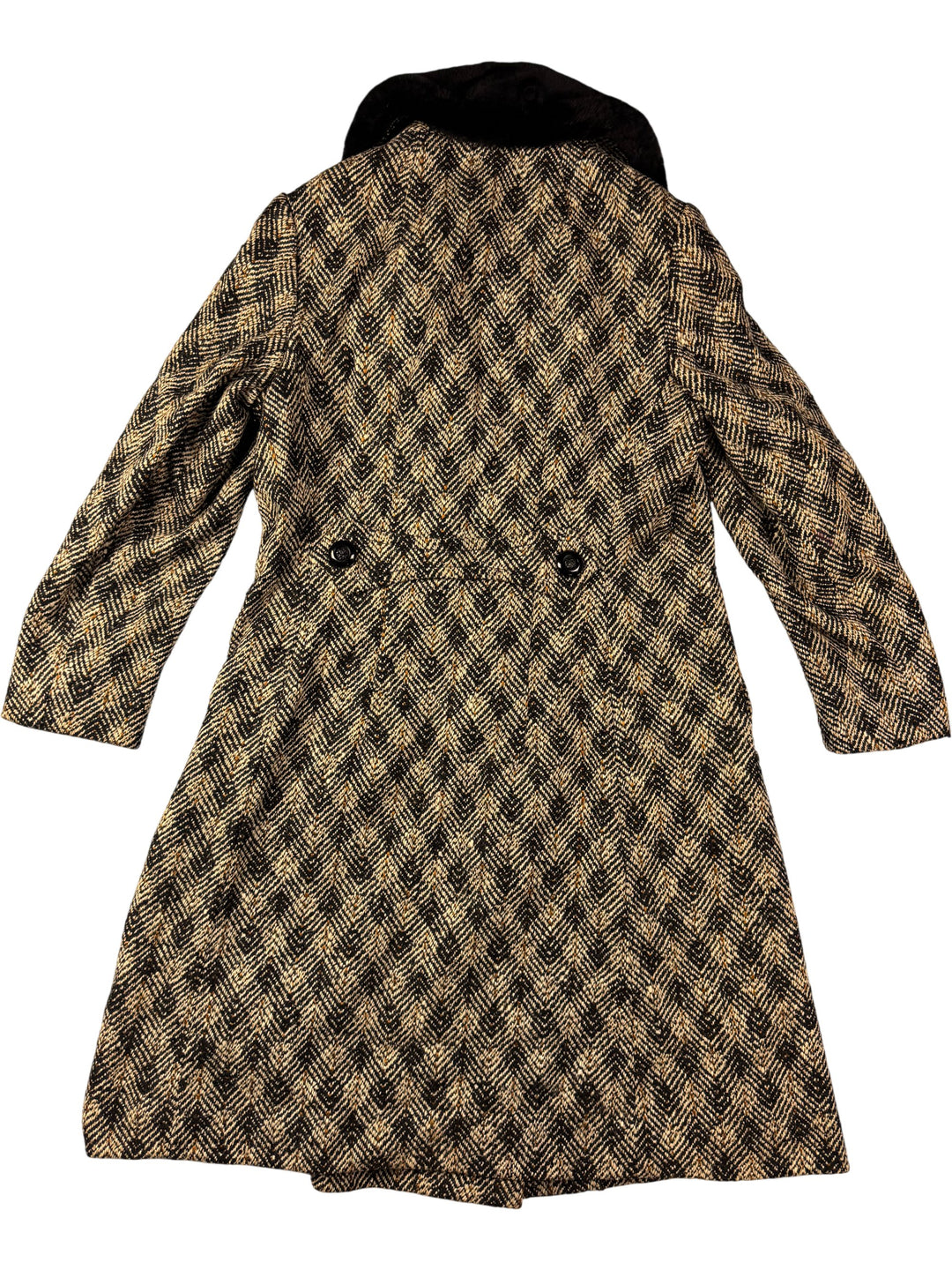 1960s Herringbone Wool Coat With Faux Fur Collar - Think Vintage