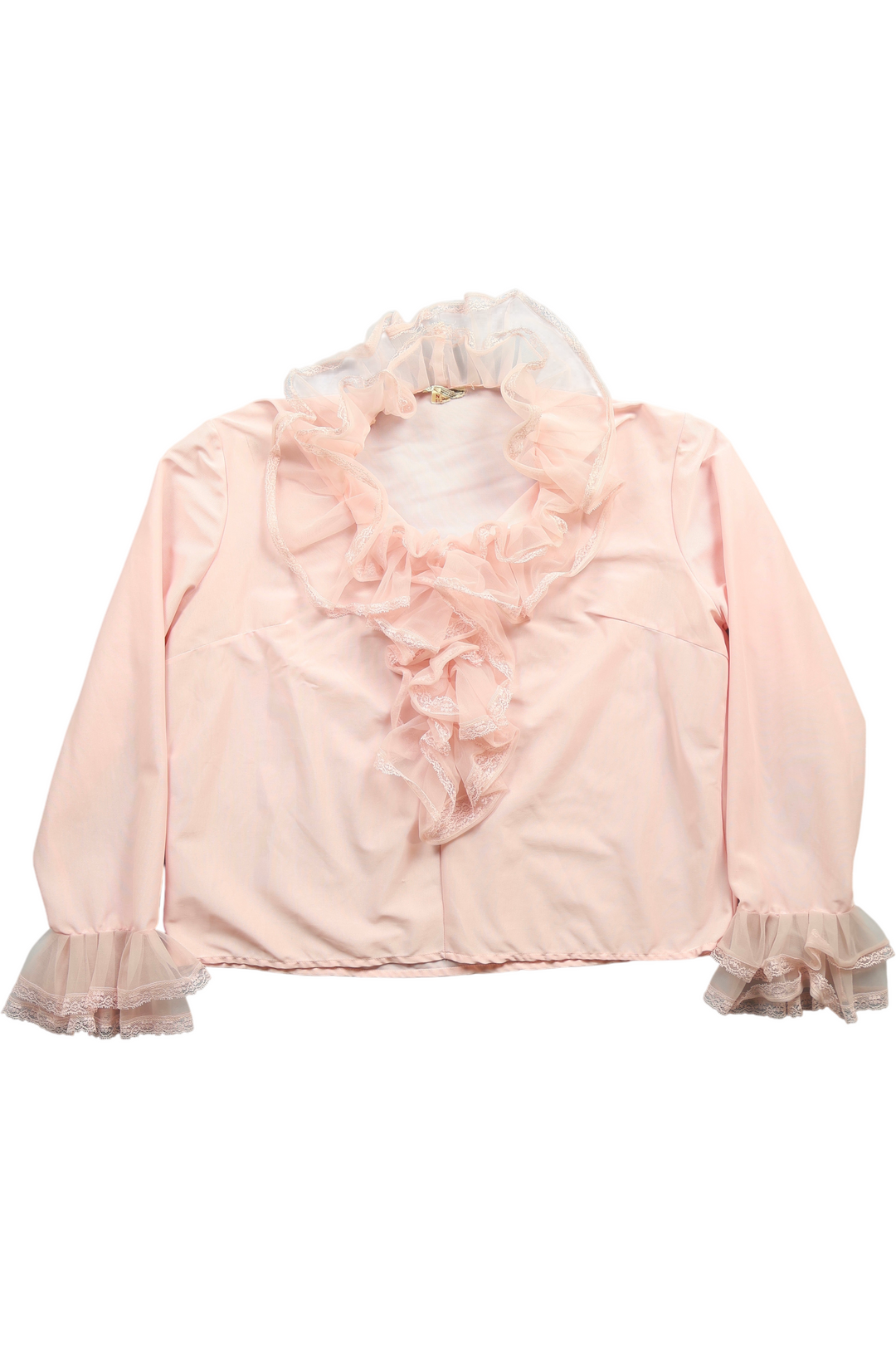 1970s Pink Ruffle Long Sleeved Blouse - L - Think Vintage