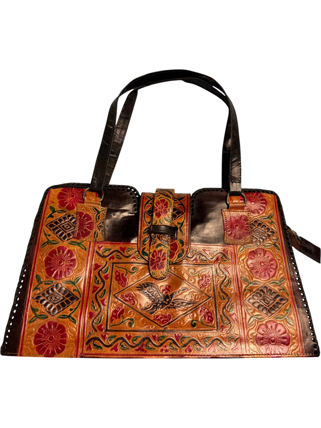 1970's Floral Embossed Leather Handbag - Think Vintage