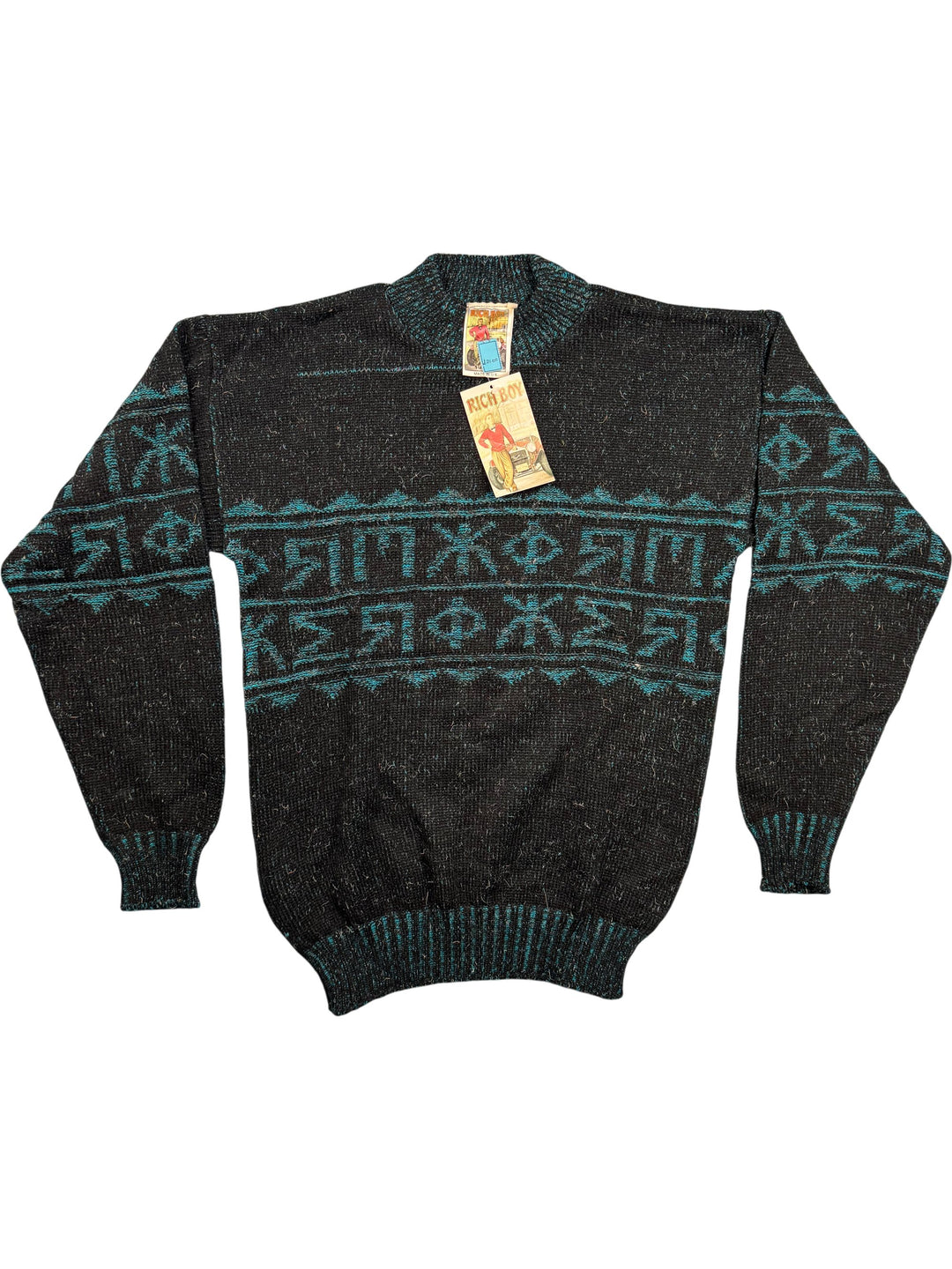 Rich Boy Teal Patterned Knit Sweater - M - Think Vintage