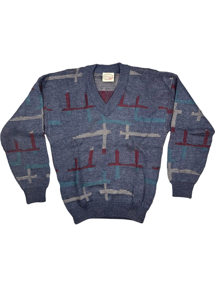 1980s Bentley V-Neck Patterned Sweater - M - Think Vintage