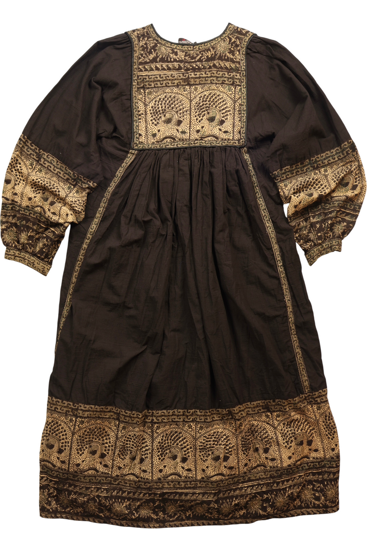 Indian Cotton Peacock Print Dress - M - Think Vintage