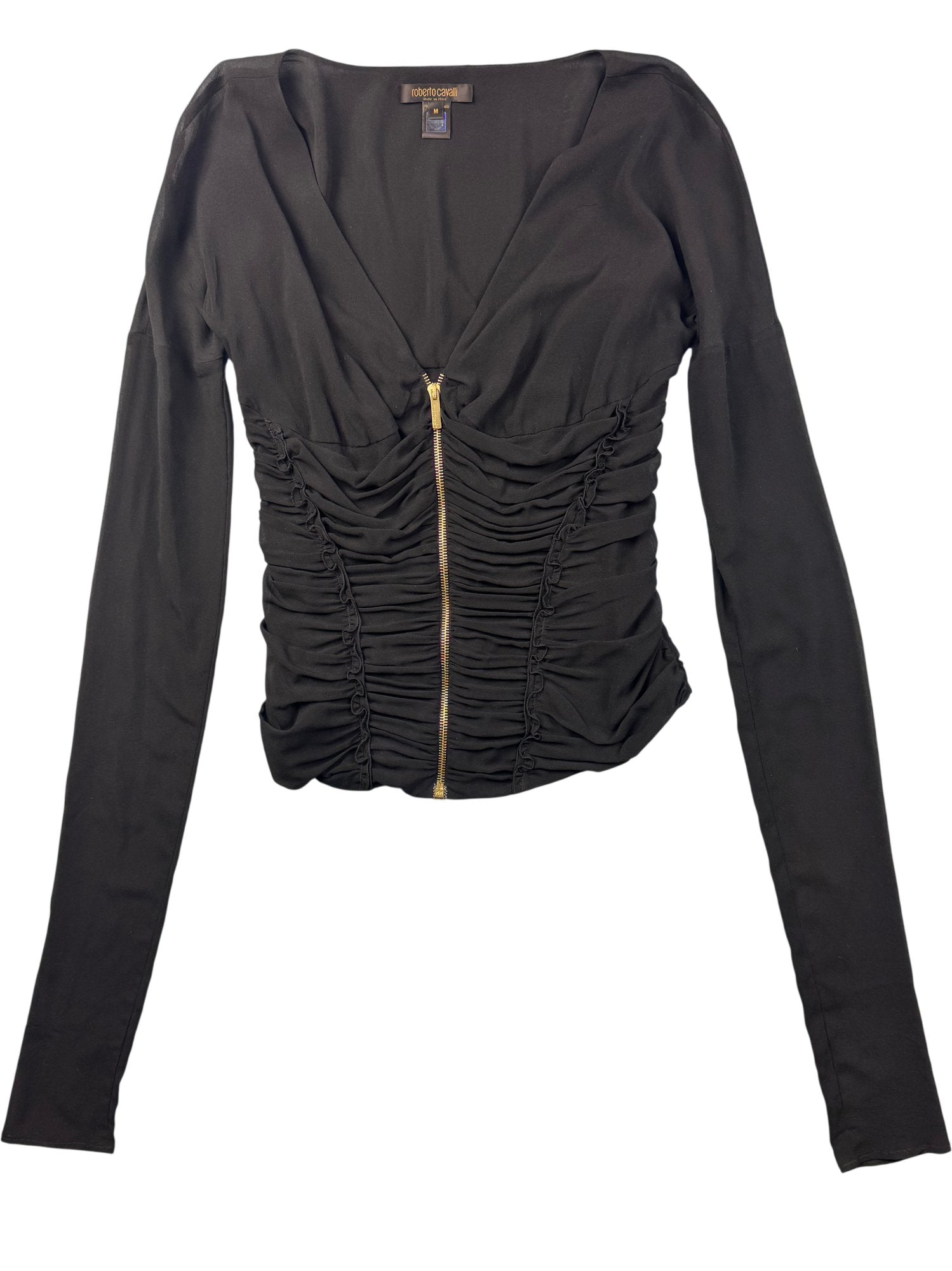 Roberto Cavalli Ruched Black Long Sleeve Top - XS/S