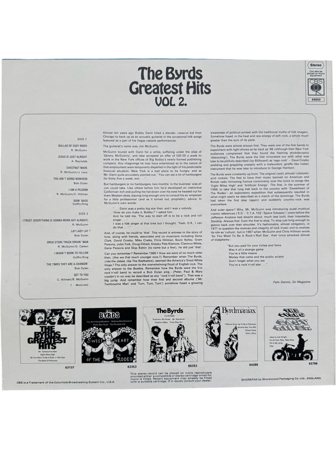 The Byrds Greatest Hits Vol. 2 LP - Very Good