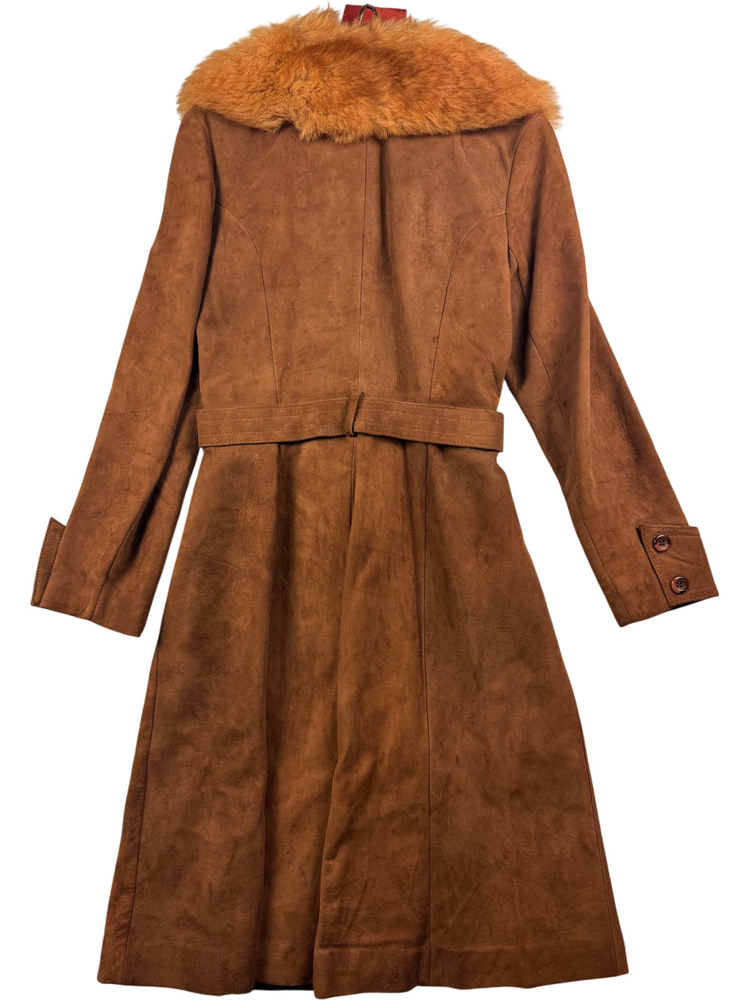 1970s Brown suede  Faux Fur Collar Trench Coat - M