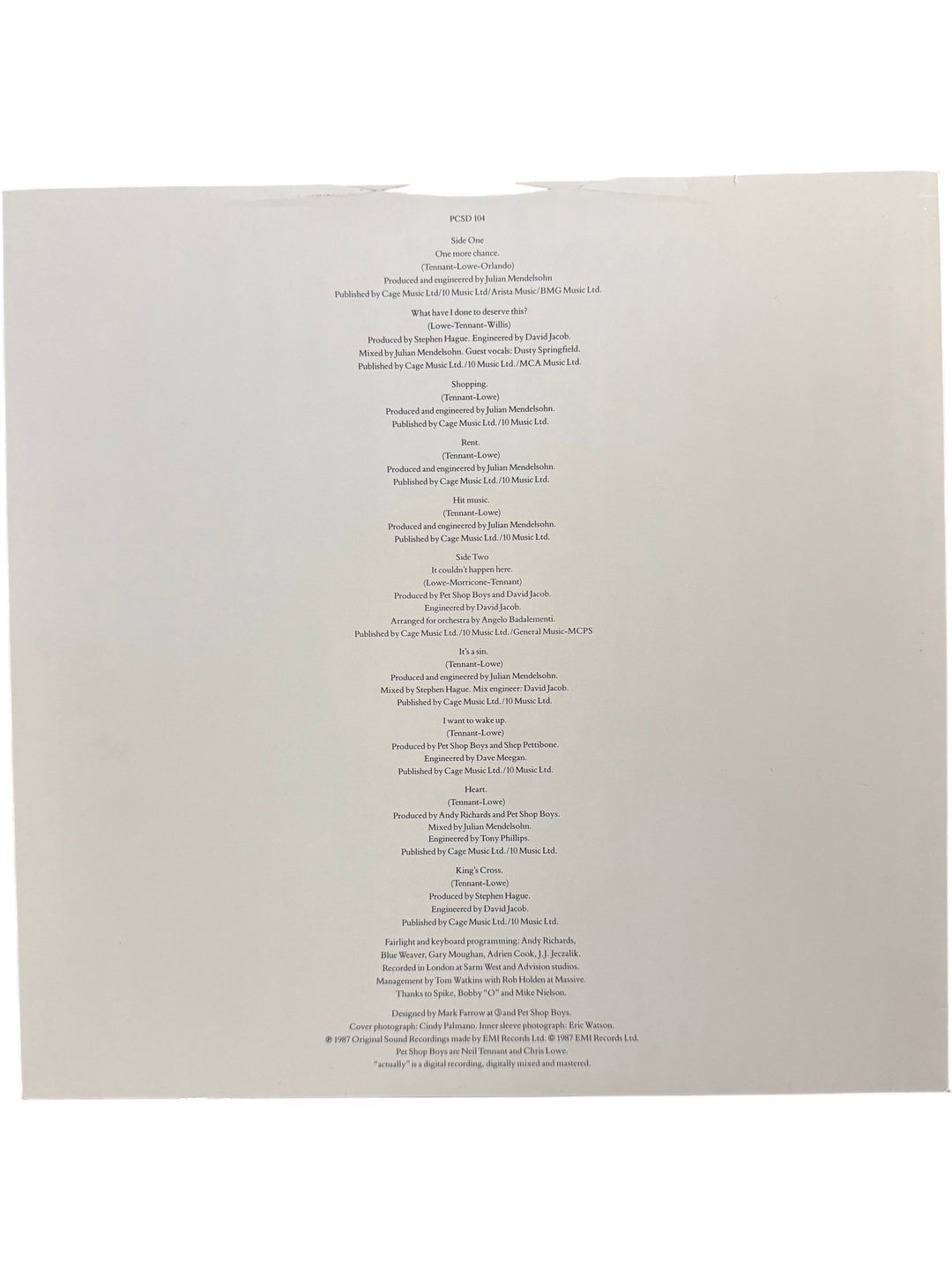 Pet Shop Boys Actually Vinyl Record - Think Vintage