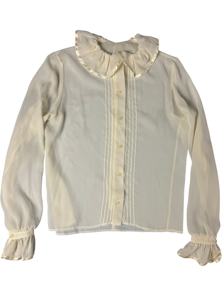 Ivory Ruffled Collar Long Sleeved Blouse - L - Think Vintage