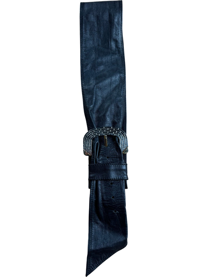 Black Leather Belt with Decorative Buckle - W28-34