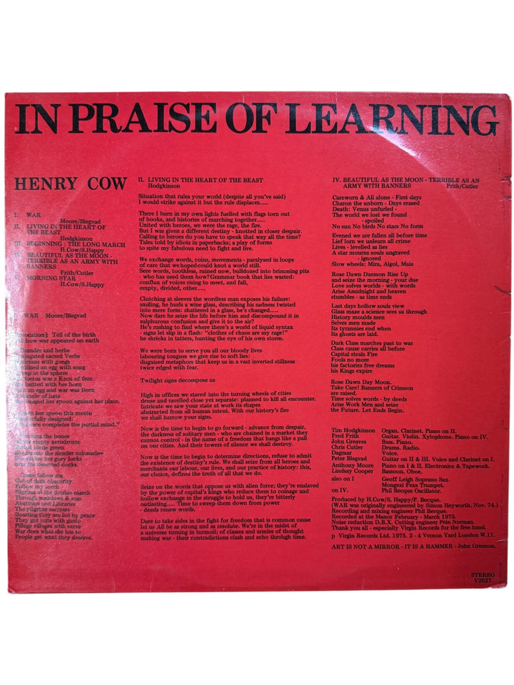 Henry Cow In Praise Of Learning Vinyl - Good