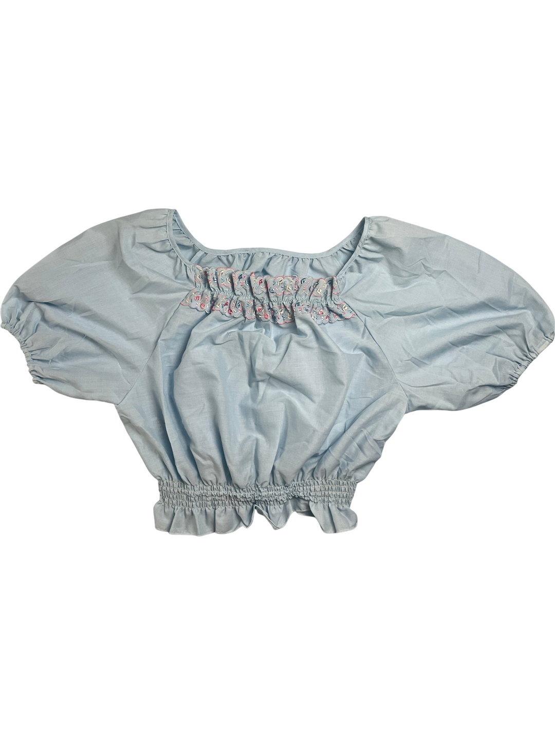 1960s Baby Blue Bardot Smocked Top - Think Vintage