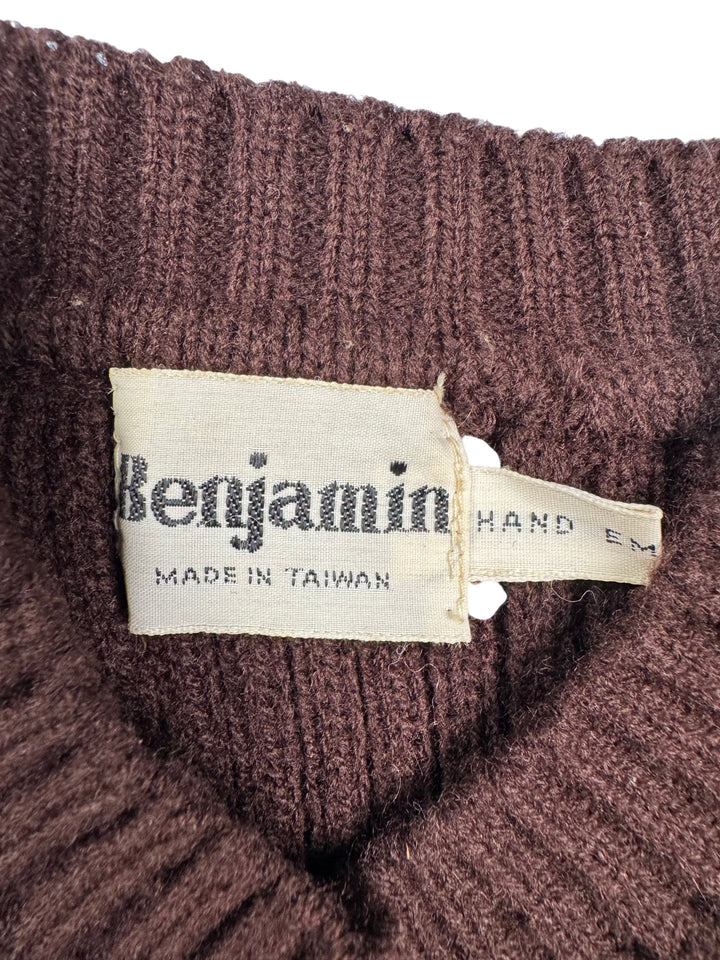 Brown Ribbed Sweater with Yellow Pattern - XS