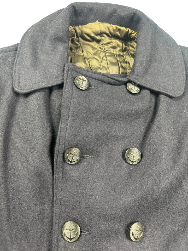Classic Double-Breasted Black Pea Coat with Crest Buttons - L
