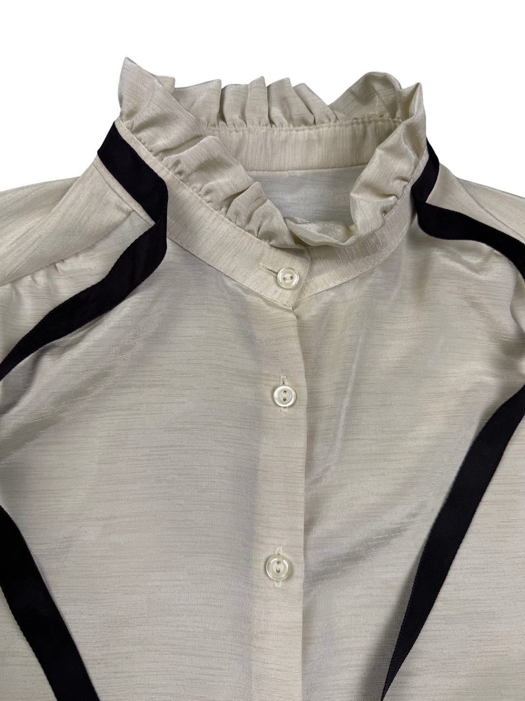 Long Sleeved Tie Neck Blouse with Ruffle Collar - M - Think Vintage