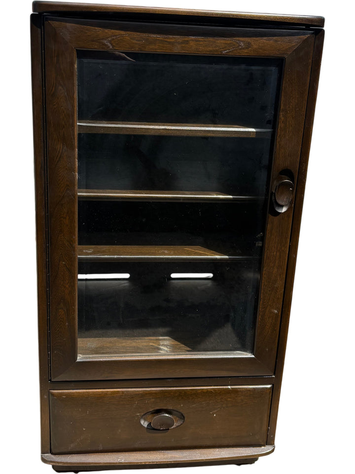 Ercol Wooden Display Cabinet Glass Door Shelves Drawer Vintage Style - Think Vintage