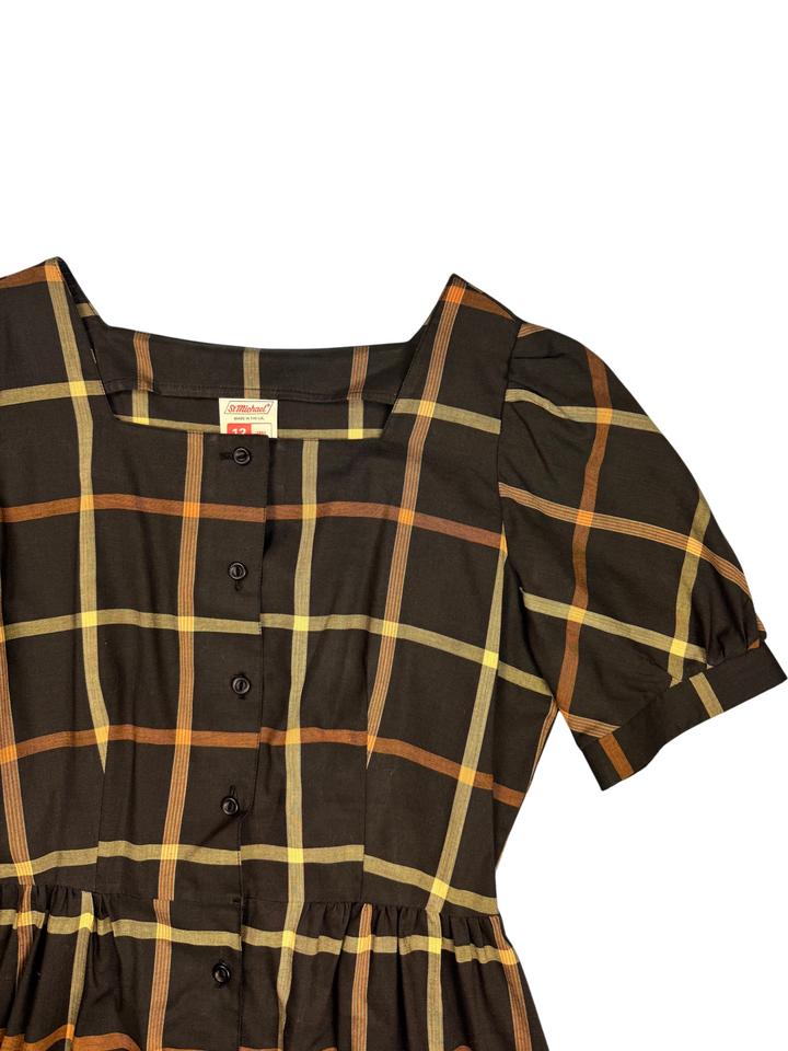 1980s Brown Checkered Short Sleeve Dress - M - Think Vintage