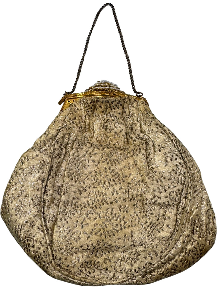 1920s Gold Brocade Clutch Bag With Beaded Clasp - Think Vintage