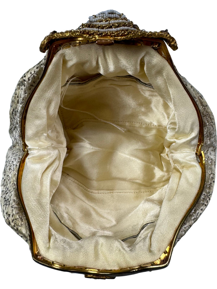 1920s Gold Brocade Clutch Bag With Beaded Clasp - Think Vintage