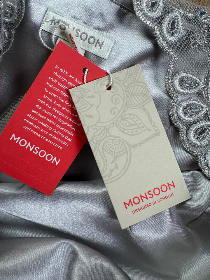 Monsoon Silver Floral Embroidered Dress - S