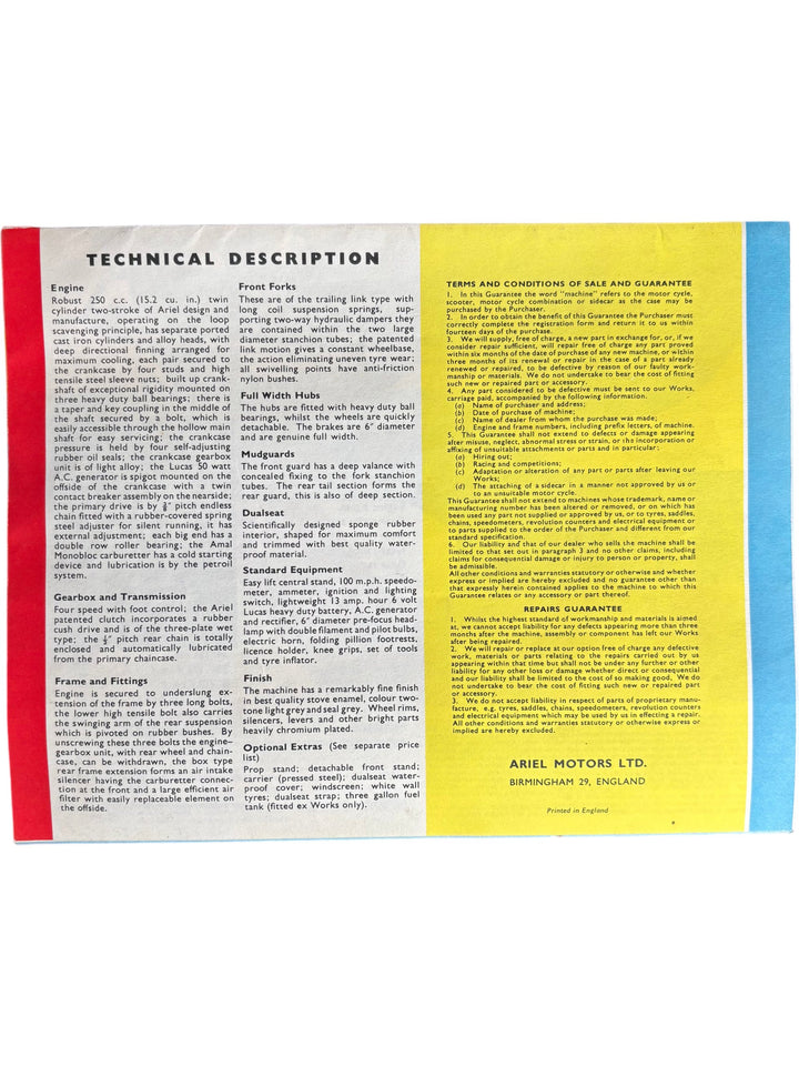 1960 Ariel Arrow Motorcycle Brochure 2 Stroke 249cc - Think Vintage