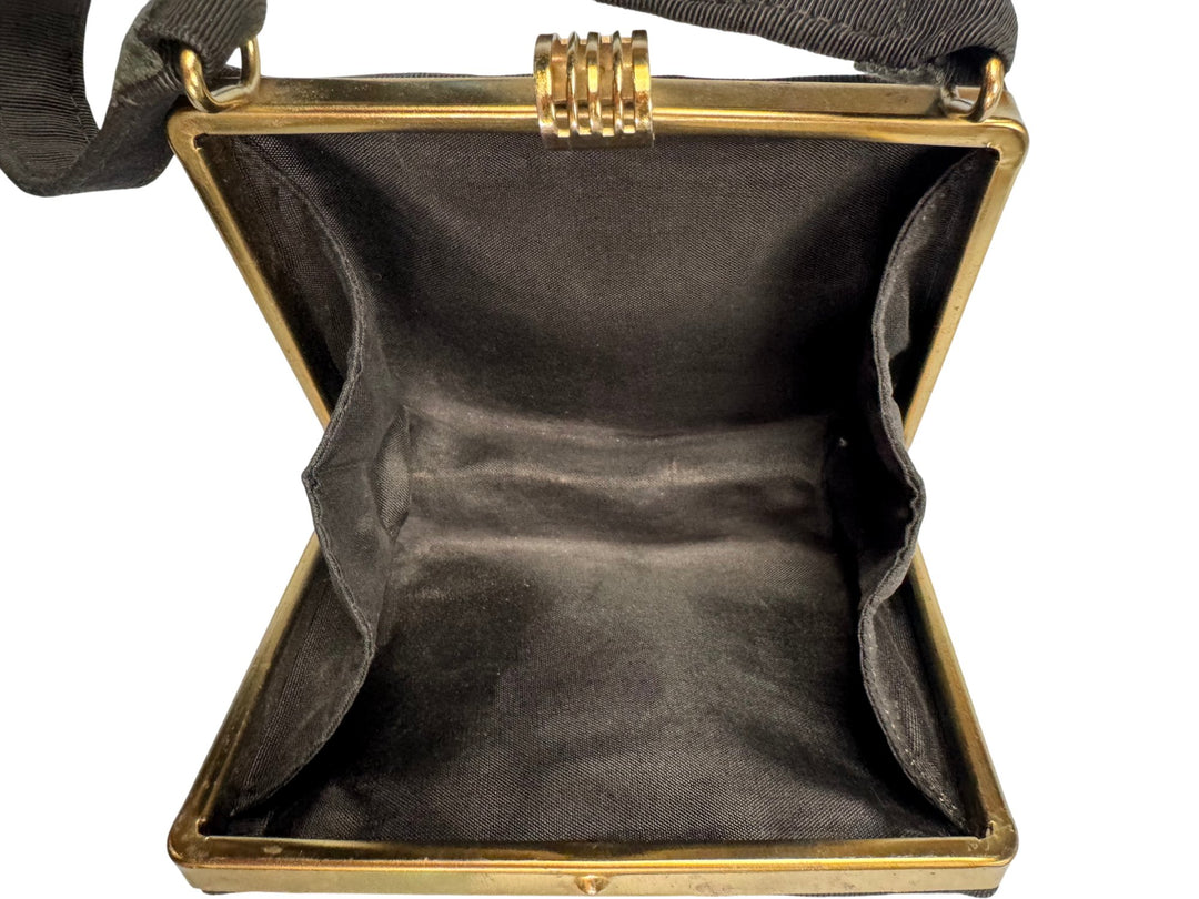 1940s Classic Black Handbag With Gold Frame - Think Vintage