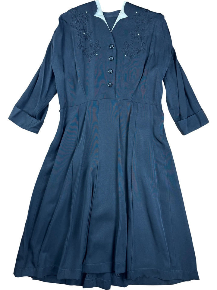 1950s Black Embroidered Midi Dress with Belt - L