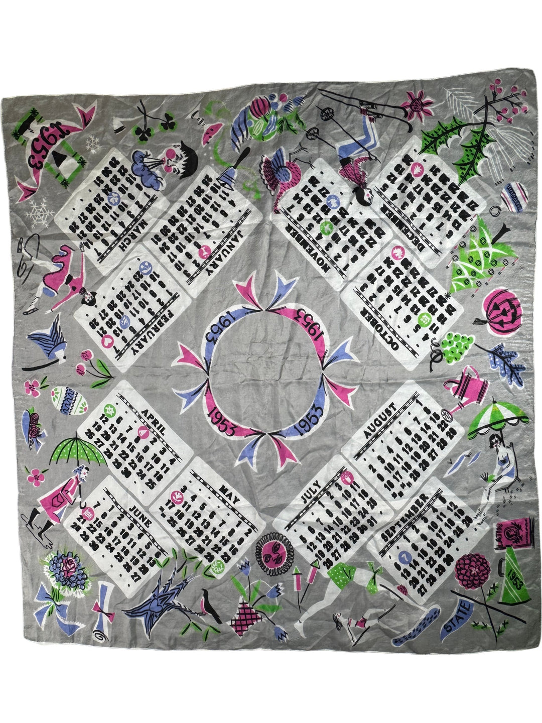 1950s Illustrated Calendar Silk Scarf - Think Vintage