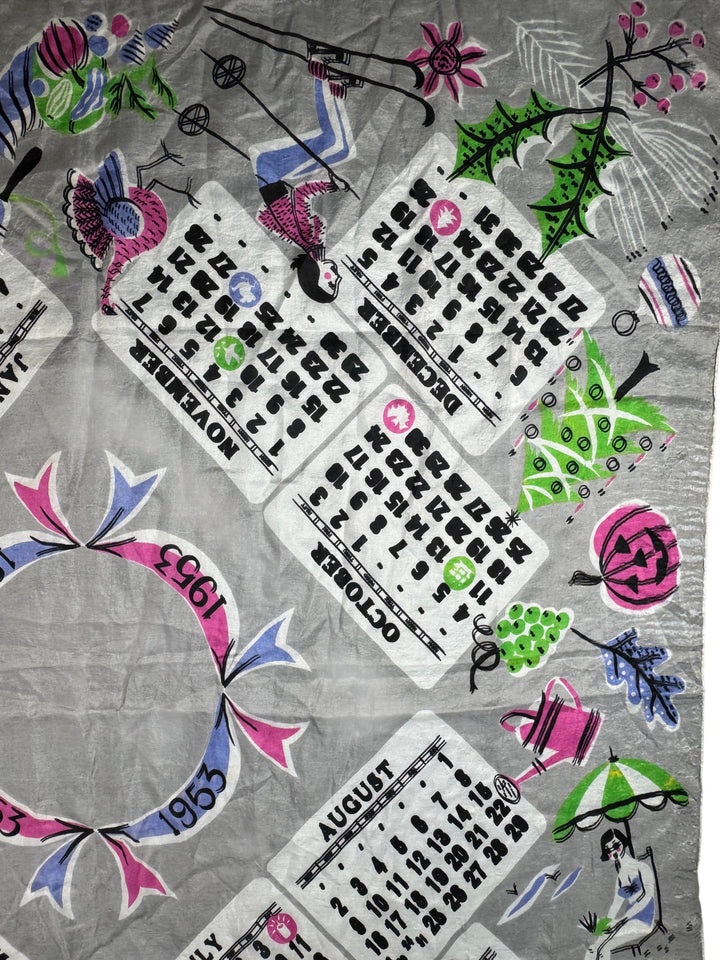 1950s Illustrated Calendar Silk Scarf - Think Vintage