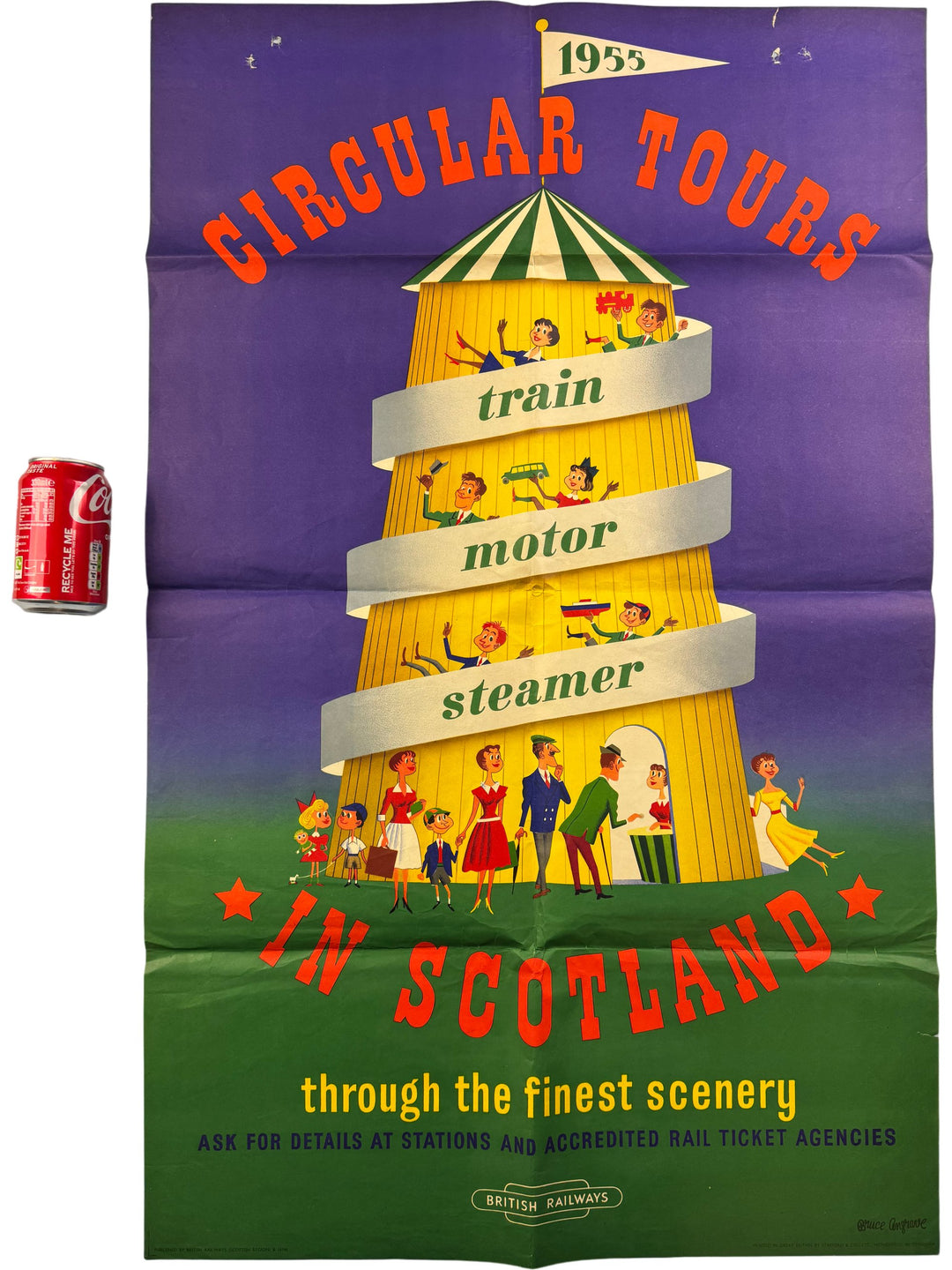 1955 Bruce Angrave Circular Tours Poster British Railways Train Motor Steamer - Think Vintage