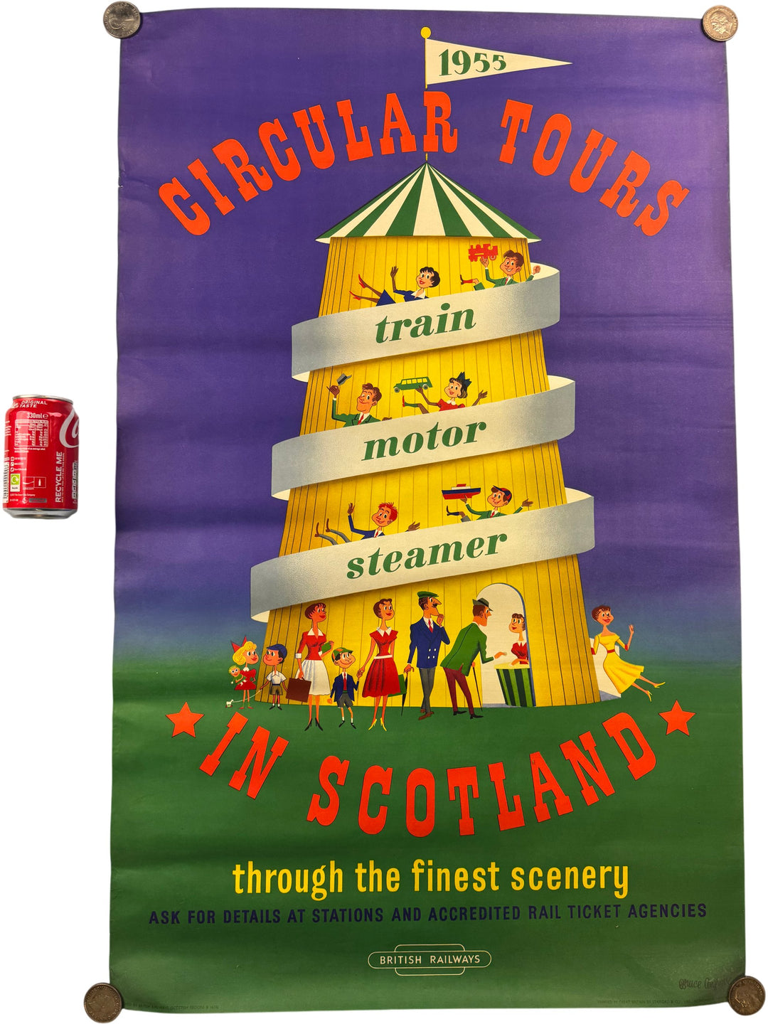 1955 Bruce Angrave Circular Tours Poster British Railways Train Motor Steamer - Think Vintage