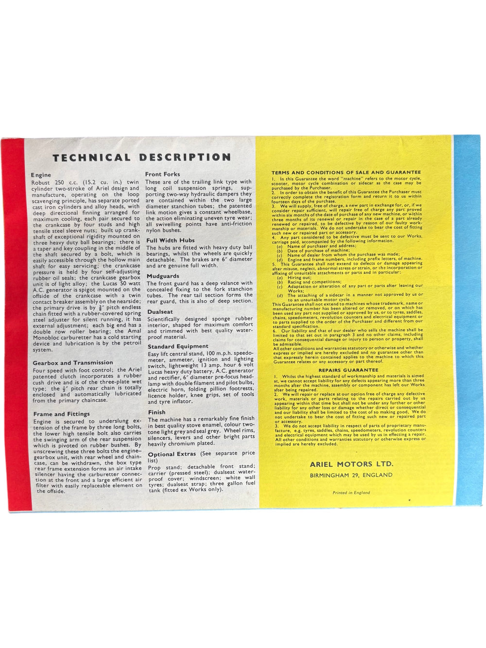 1960 Ariel Arrow Motorcycle Brochure 2 Stroke 249cc - Think Vintage Online Ltd