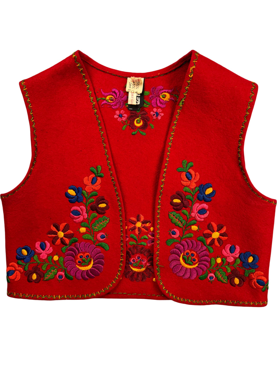 1960s Embroidered Red Floral Waistcoat - S - Think Vintage