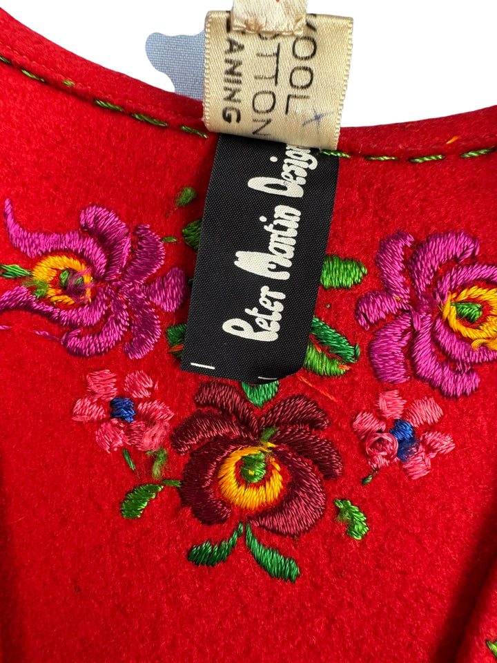 1960s Embroidered Red Floral Waistcoat - S - Think Vintage
